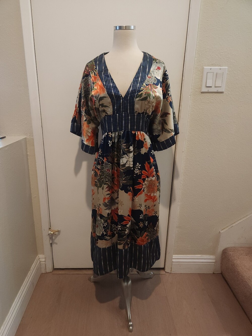 Floral V-Neck Midi Dress in Navy and Cream